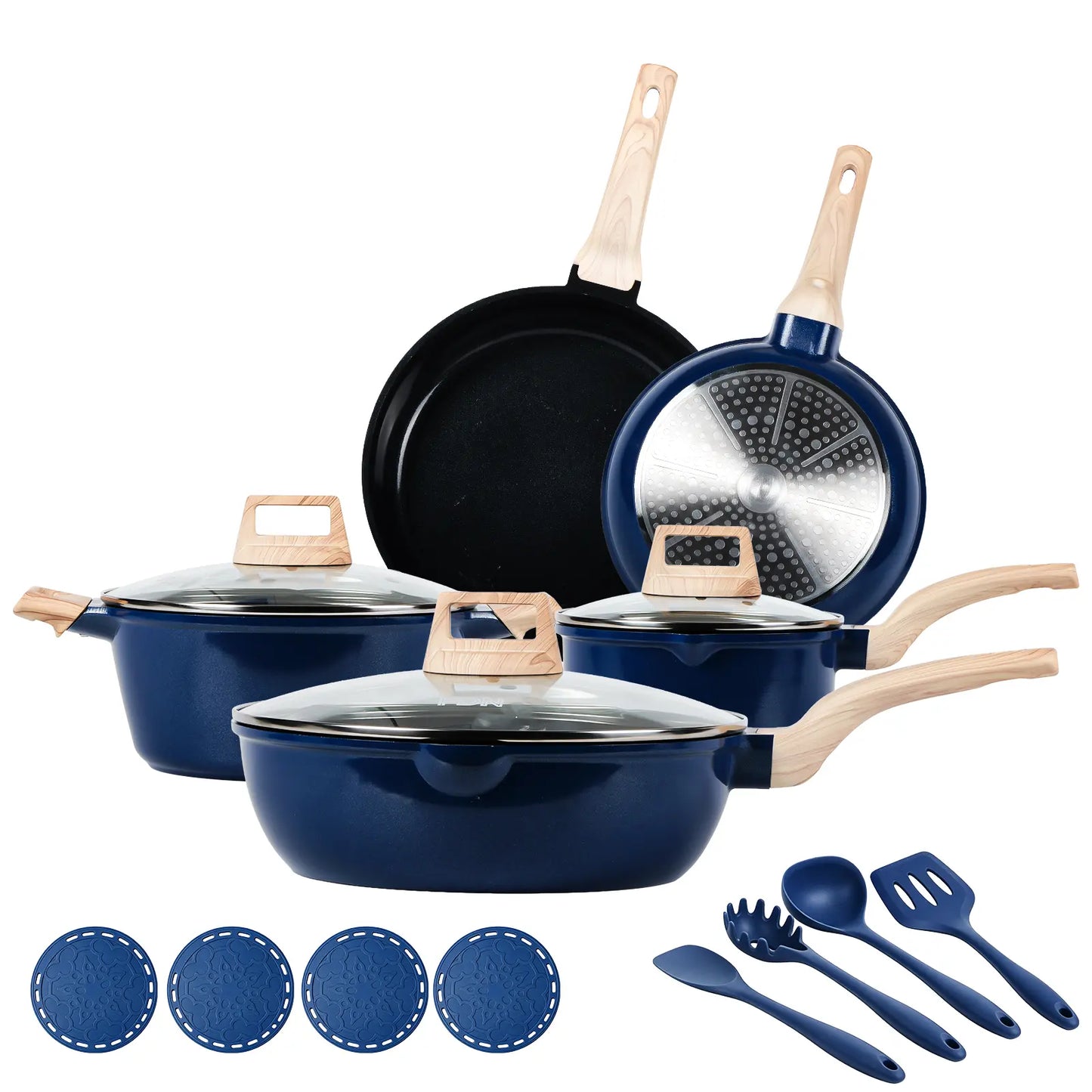 16-Pc Aesthetic Cookware Set - Non-Toxic, PFAS-Free Titanium Ceramic Granite Pots & Pans, Easy-Clean, Oven & Dishwasher Safe, Induction Ready with Fry Pan, Glass Lids & Utensils - Perfect Kitchen Upgrade!