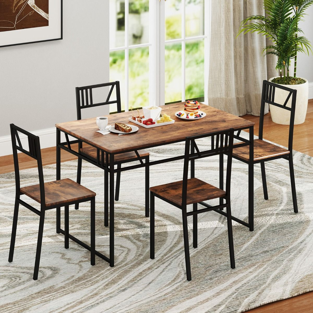 Industrial-Style Kitchen Table and 4 Chairs with Wood like Tabletop and Metal Frame