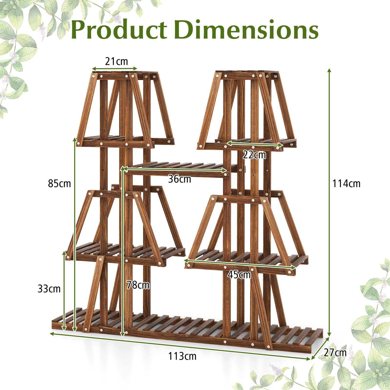 114 cm Tall Wooden Plant Stand - 5-Tier Rack for 10 Potted Plants