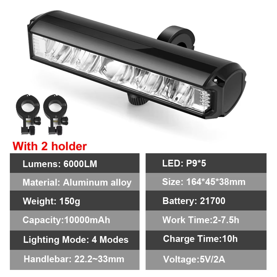 Ultra Bright 6000 Lumen Waterproof Bicycle Front Light - 10000mAh USB Rechargeable MTB & Road Cycling Accessory