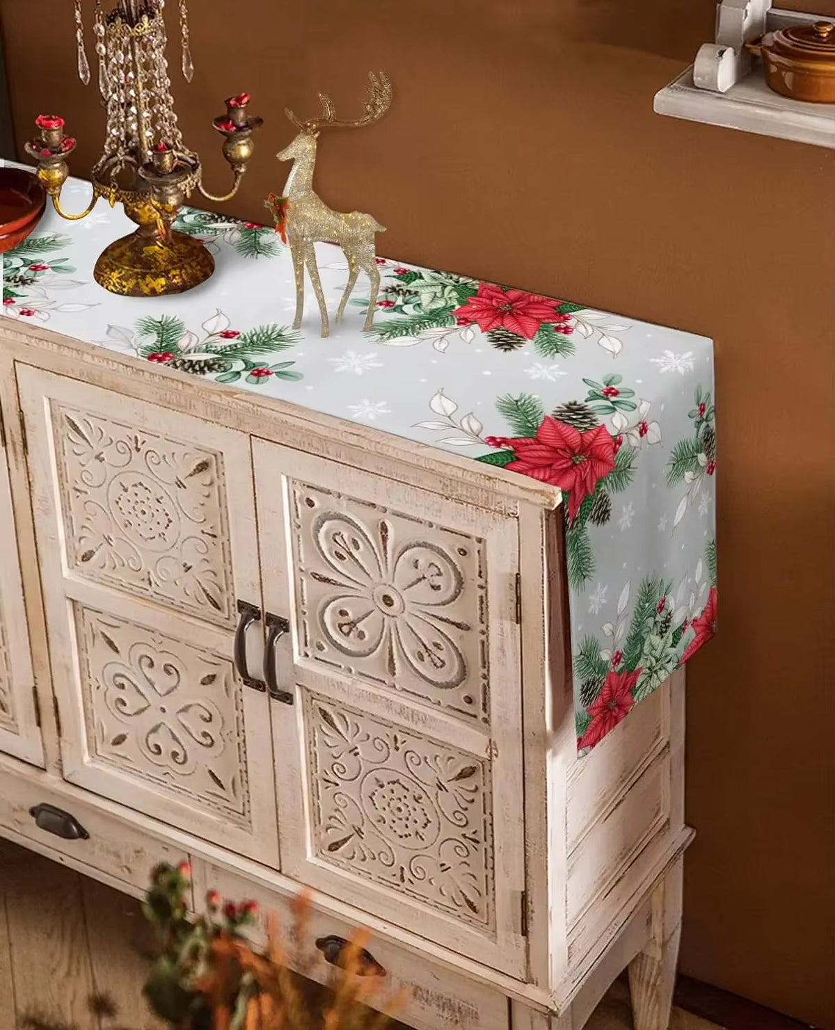 Christmas Poinsettia Linen Table Runners 
