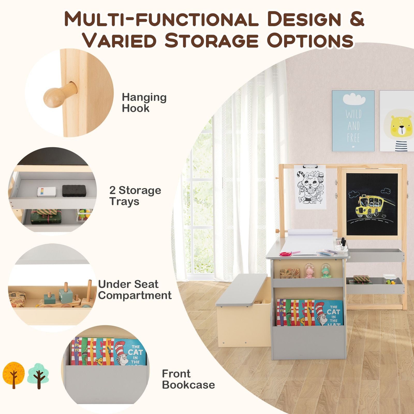 Delightful Children's Art Easel Table and Bench Set with Adjustable Easel and Integrated Bookshelf for Creative Play