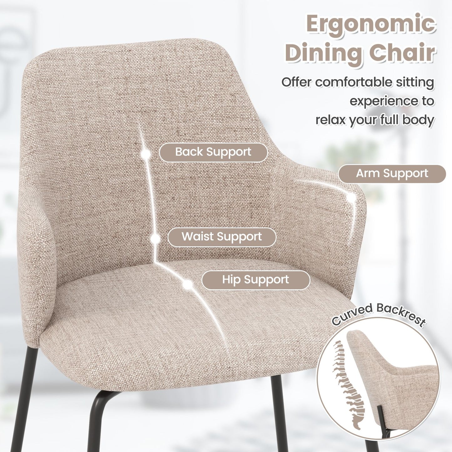 Set of 2 Upholstered Accent Dining Chairs with Curved Backrest