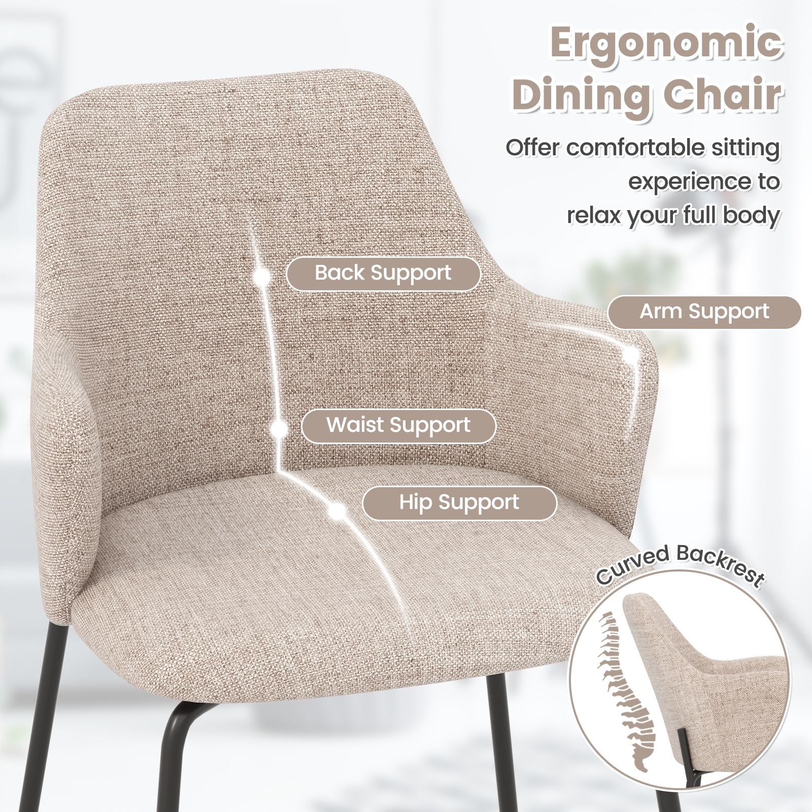 Set of 2 Upholstered Accent Dining Chairs with Curved Backrest