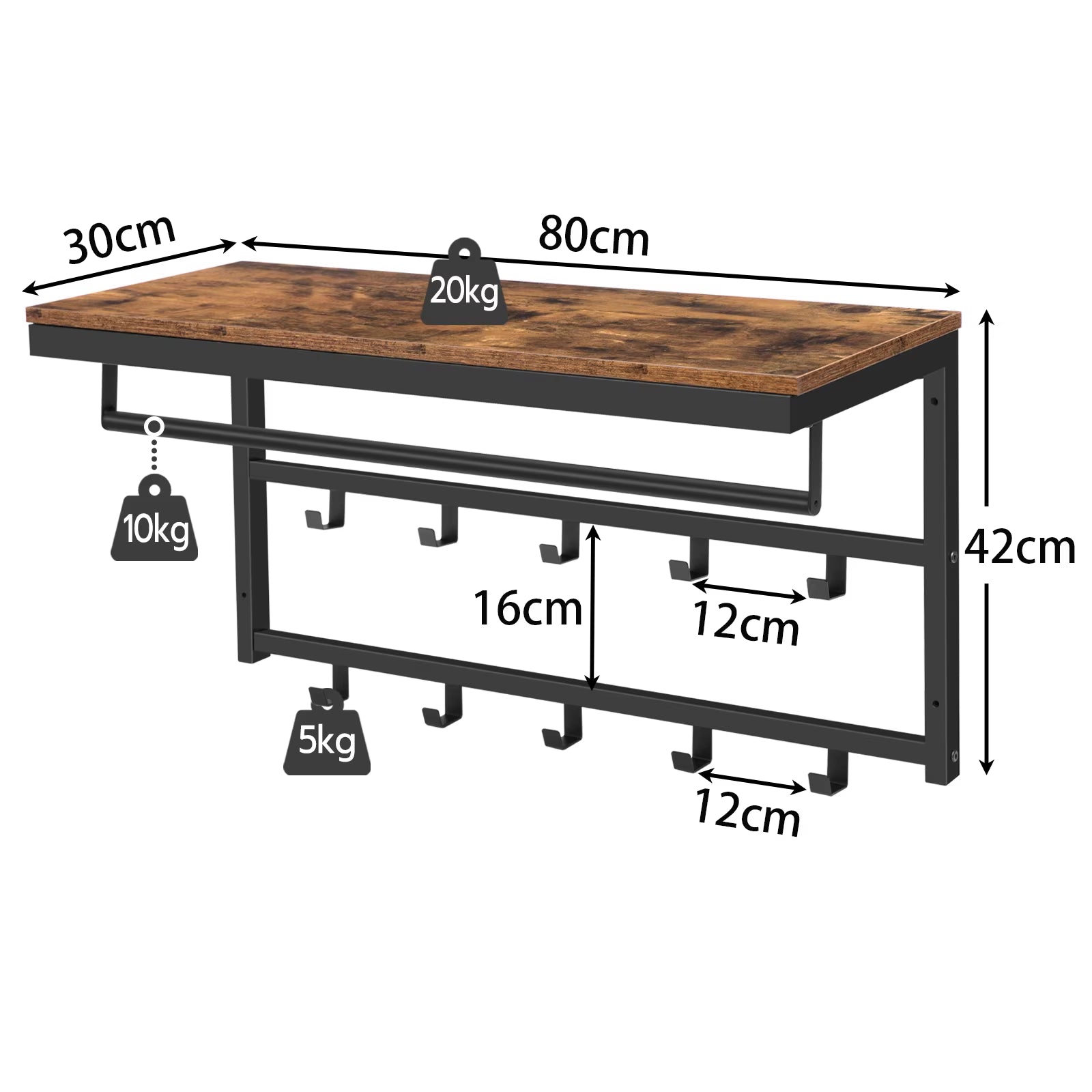 Coat Rack Wall-Mounted, Coat Hook with 10 Hooks and Shelf Hanging Rail, for Entryway, Bathroom, Living Room, Laundry Room