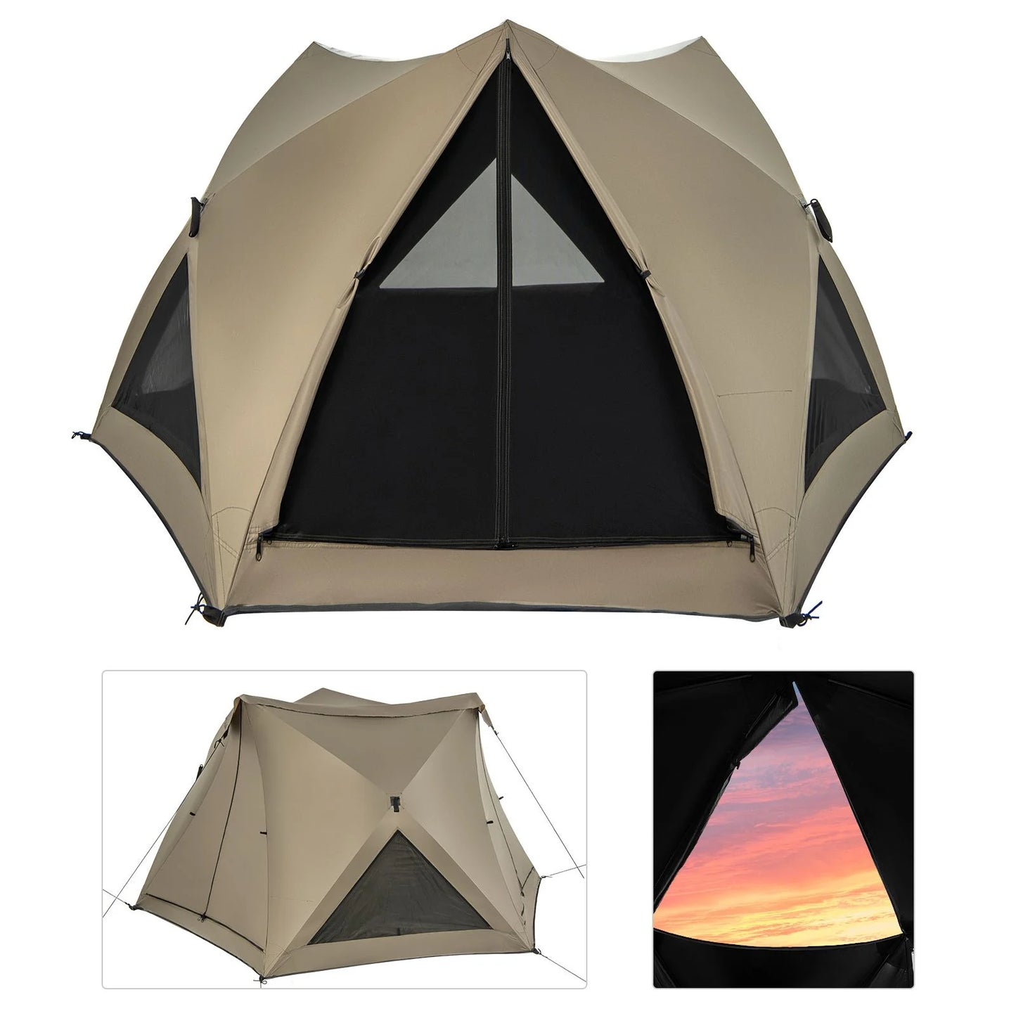 6-Sided Family Tent Featuring Rainfly, Skylight, Three Entrances, and Three Windows