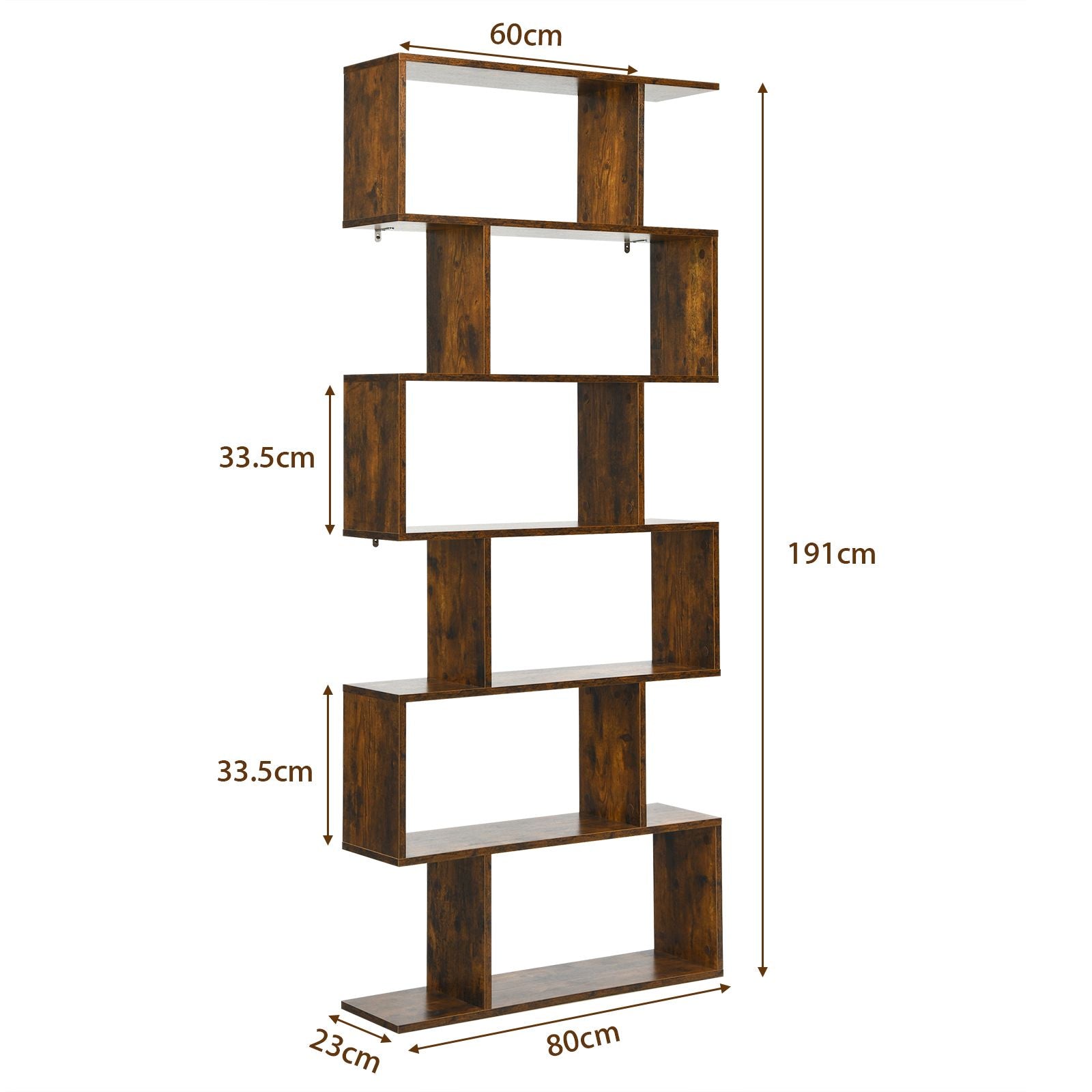 6-Tier S-Shaped Wooden Industrial Bookshelf