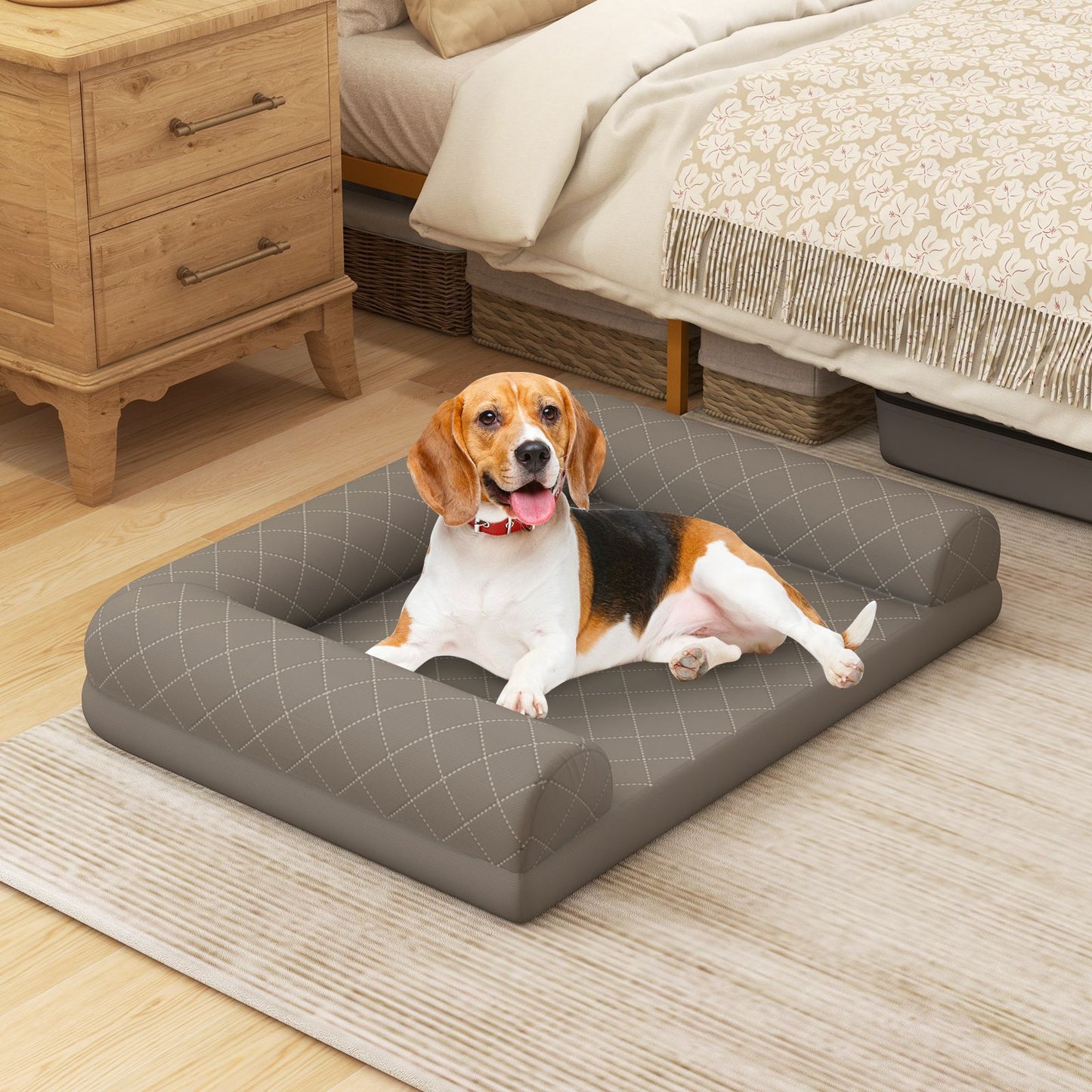 Orthopedic Egg-Foam Dog Crate Bed with Three-Sided Bolster Support