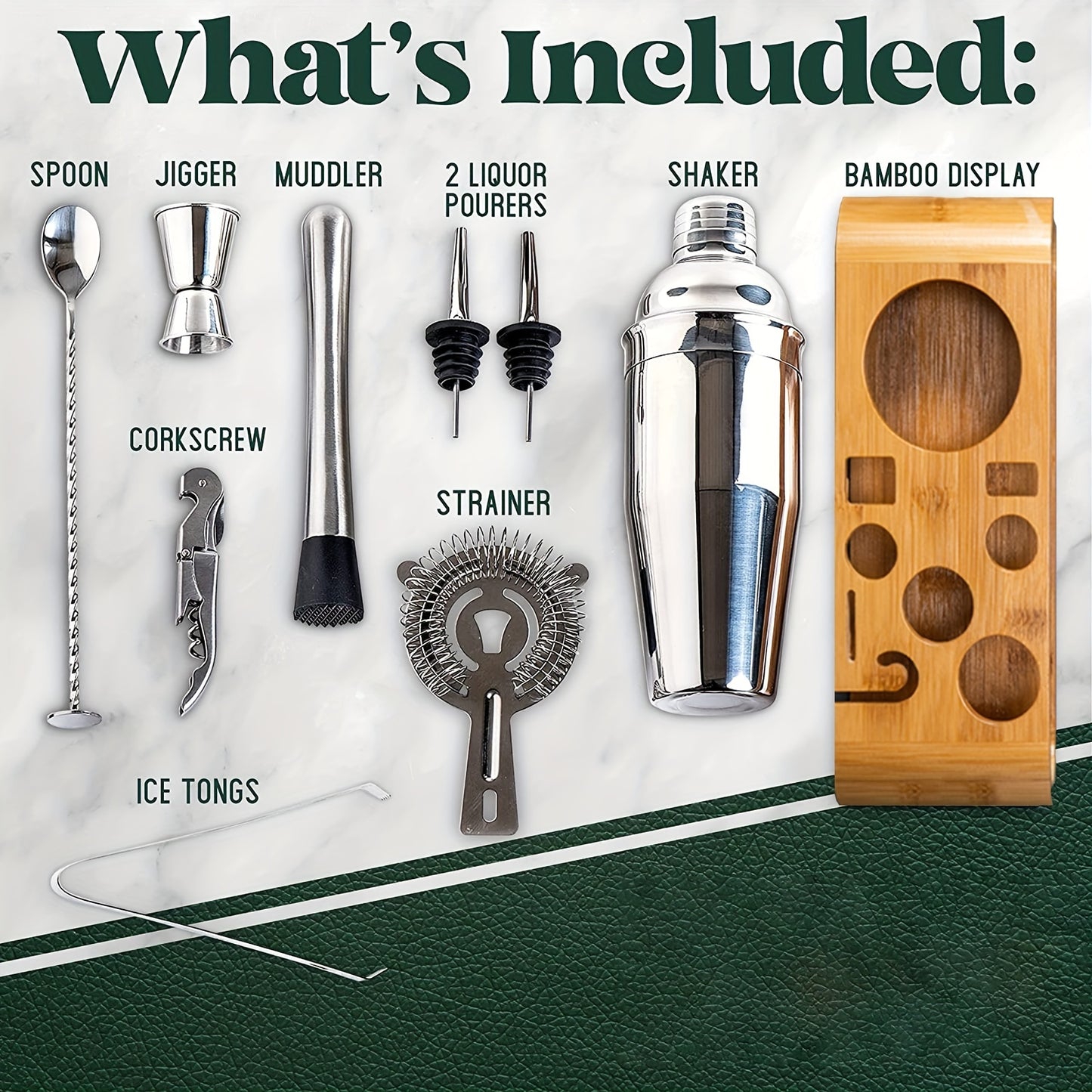 Heavy-Duty Stainless Cocktail Shaker Set & Bar Tools with Bamboo Stand