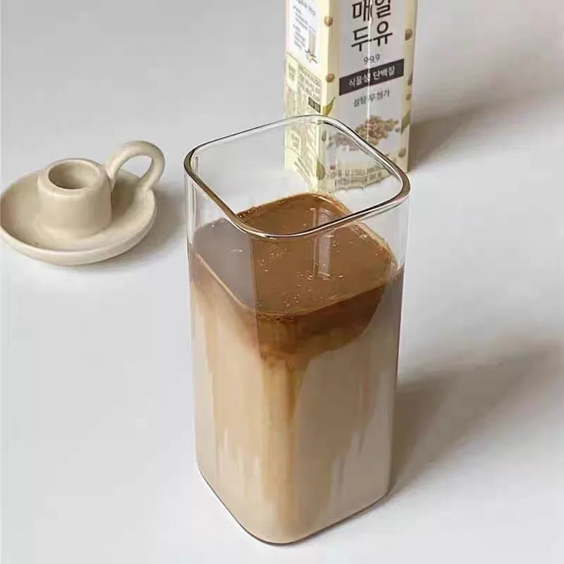 Square Heat Resistant Coffee Glass Cup with Lid and Straw Transparent Milk Tea Juice Cup Coffee Mug for Home Bar Drinkware