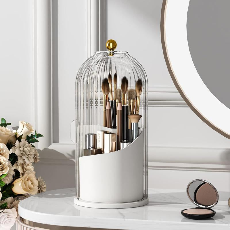 360° Rotating Makeup Brush Holder with Transparent Lid - Stylish Organizer for Vanity, Bathroom, and Desktop