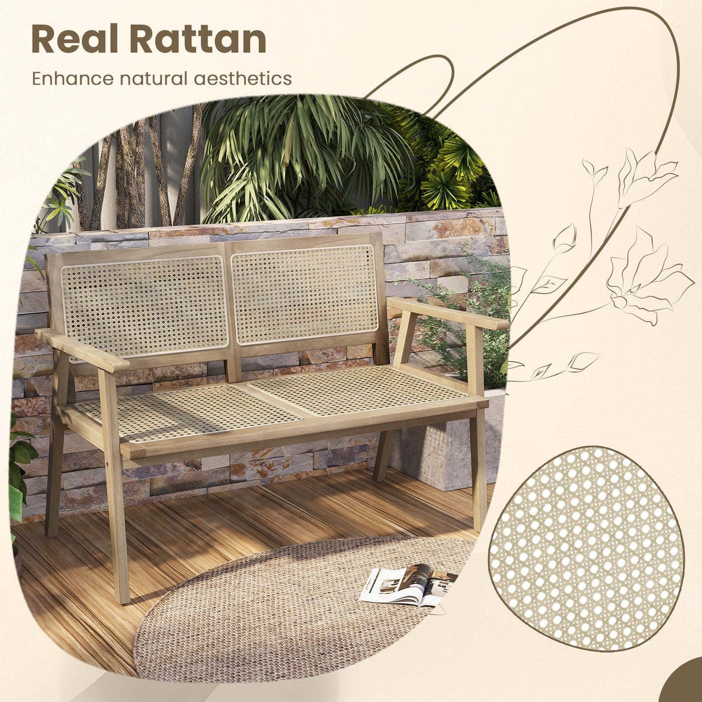 Teak Wood Outdoor Garden Bench with Armrests and Rattan Backrest and Seat