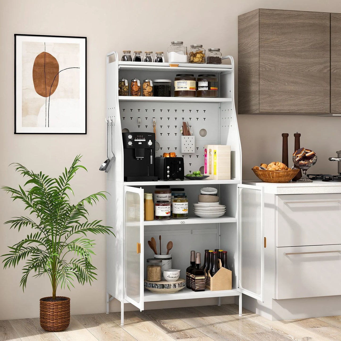 Freestanding Kitchen Pantry Storage Cabinet with Integrated Pegboard Baker Rack