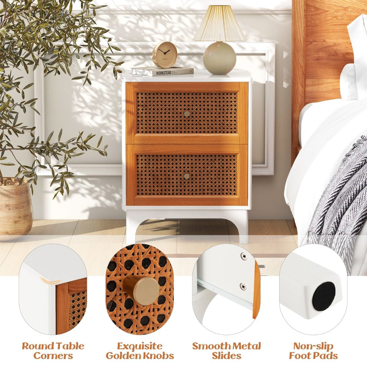 Bohemian Accent Table Featuring Two Handwoven Rattan-Decorated Drawers