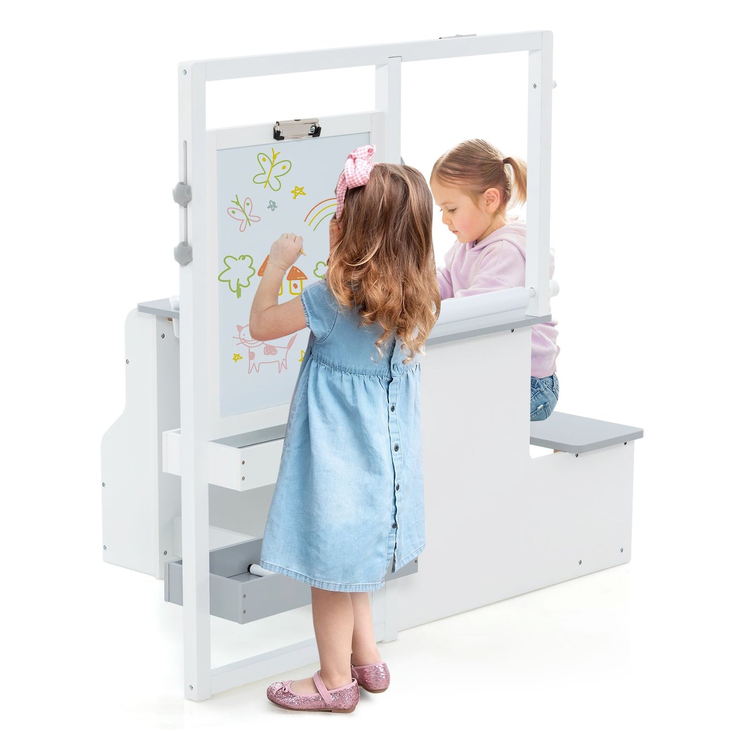 Delightful Children's Art Easel Table and Bench Set with Adjustable Easel and Integrated Bookshelf for Creative Play