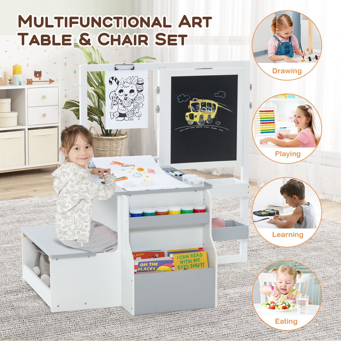 Delightful Children's Art Easel Table and Bench Set with Adjustable Easel and Integrated Bookshelf for Creative Play