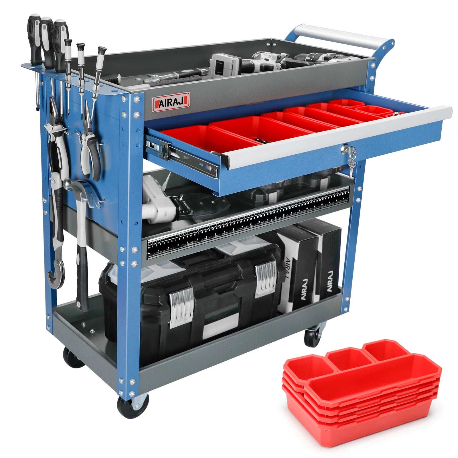 Versatile AIRAJ 3-Tier Rolling Tool Cart with Drawers and Pegboard - Heavy-Duty Metal Utility Cart for Efficient Storage and Easy Mobility