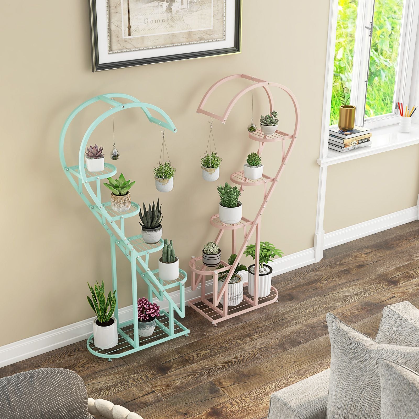 5-Tier Metal Heart-Shaped Plant Stand with Integrated Hanging Hooks