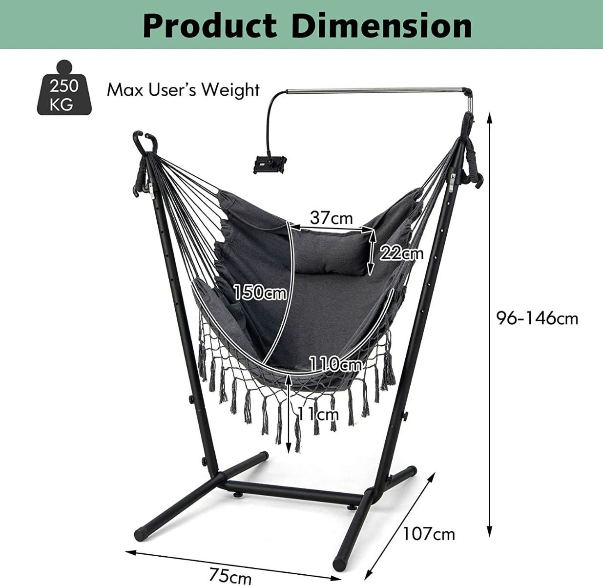 Hammock Chair with Stand and Integrated Phone Holder