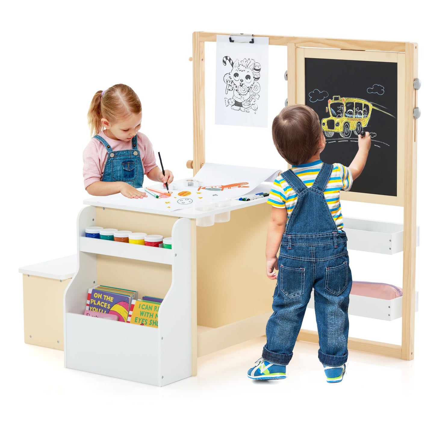 Delightful Children's Art Easel Table and Bench Set with Adjustable Easel and Integrated Bookshelf for Creative Play