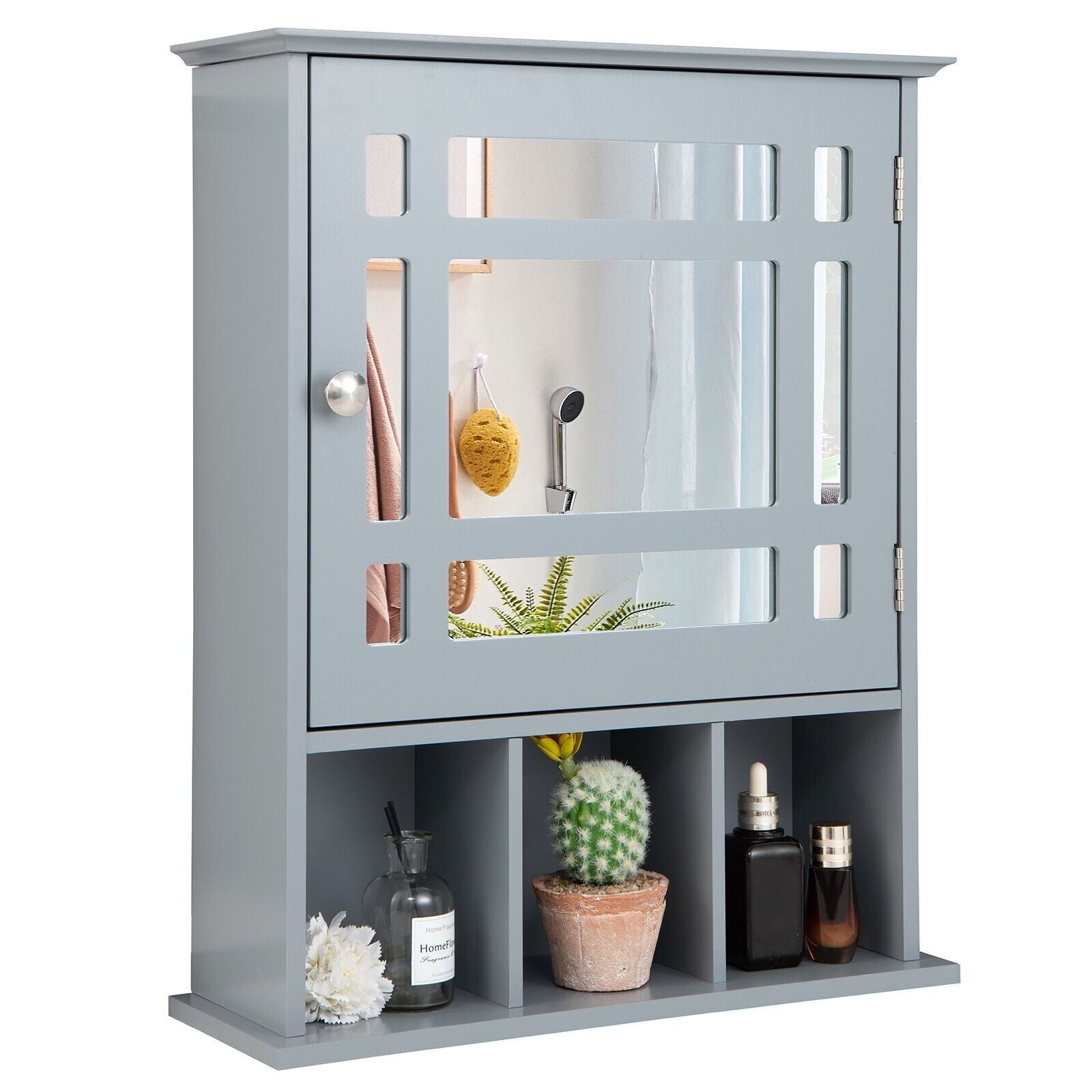Mirror Door Bathroom Cabinet with Adjustable Shelf and 3 Compartments