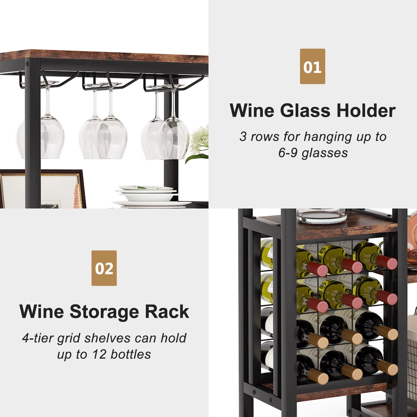 Wine Rack Freestanding Floor, 5-Tier Wine Baker Rack with Glass Holder 