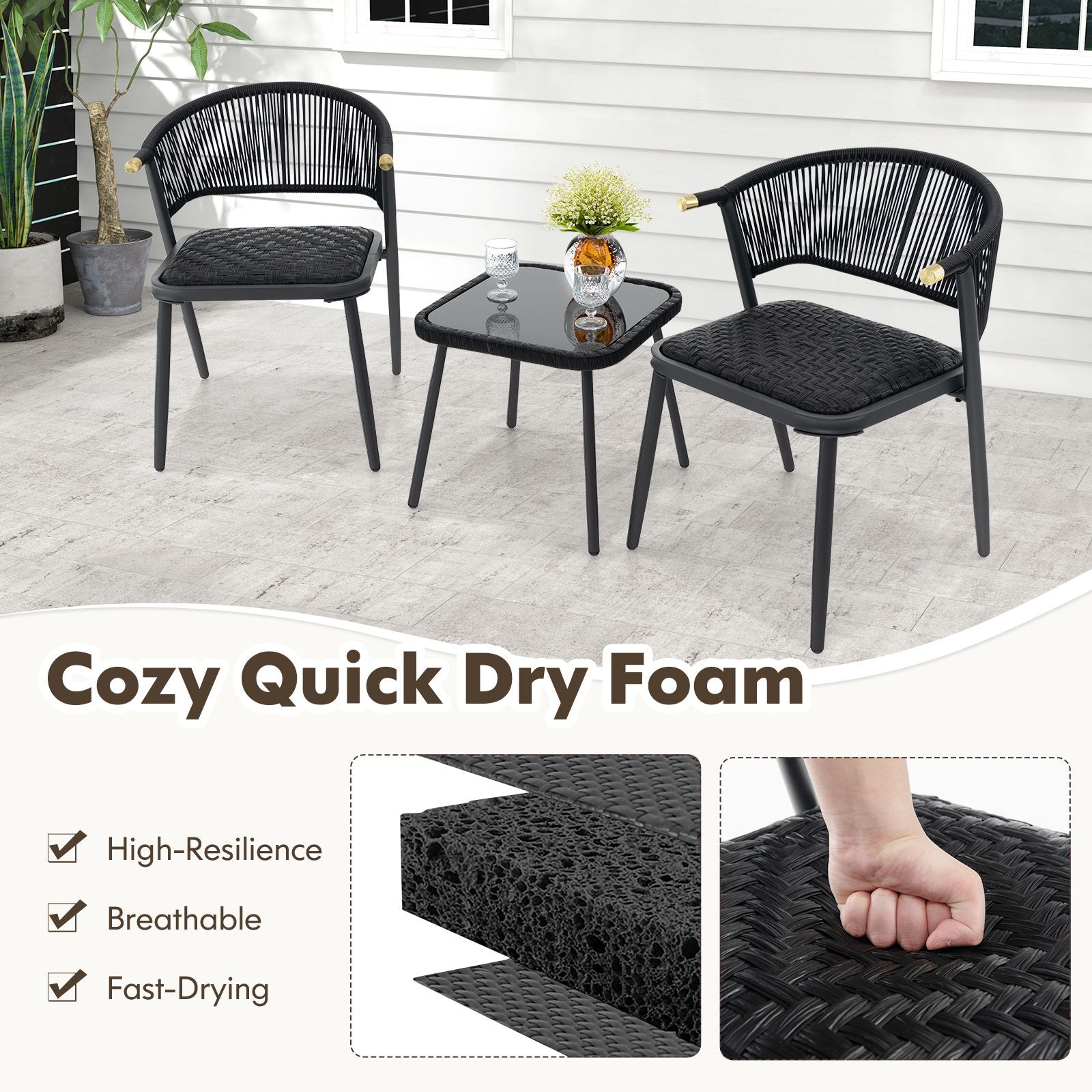 Three-Piece Outdoor Wicker Furniture Set Featuring Tempered Glass Coffee Table