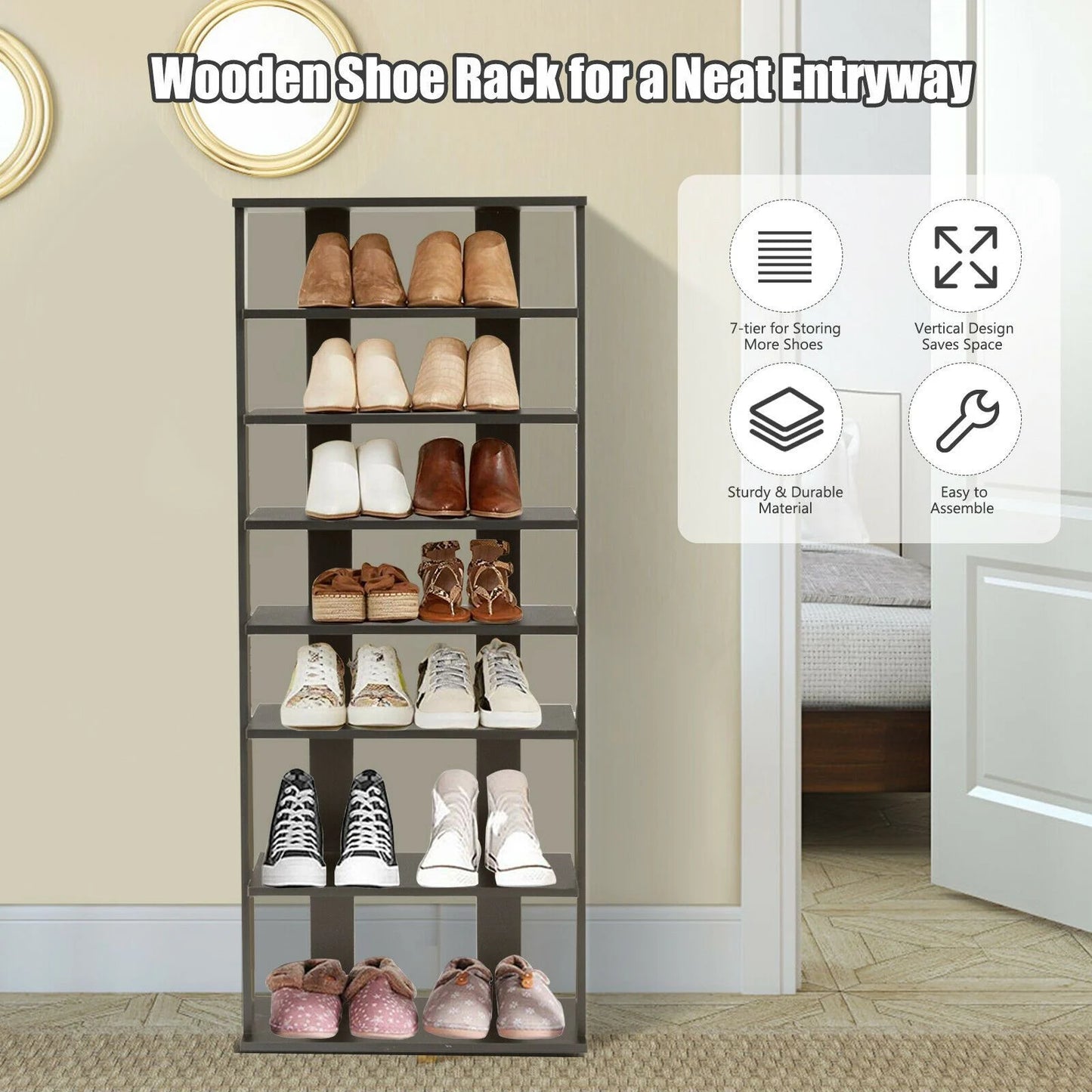 Extra Wide Vertical Wooden Shoe Rack with 7 Shelves