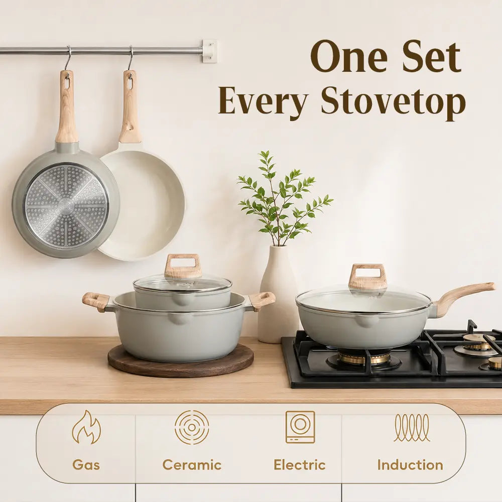 16-Pc Aesthetic Cookware Set - Non-Toxic, PFAS-Free Titanium Ceramic Granite Pots & Pans, Easy-Clean, Oven & Dishwasher Safe, Induction Ready with Fry Pan, Glass Lids & Utensils - Perfect Kitchen Upgrade!
