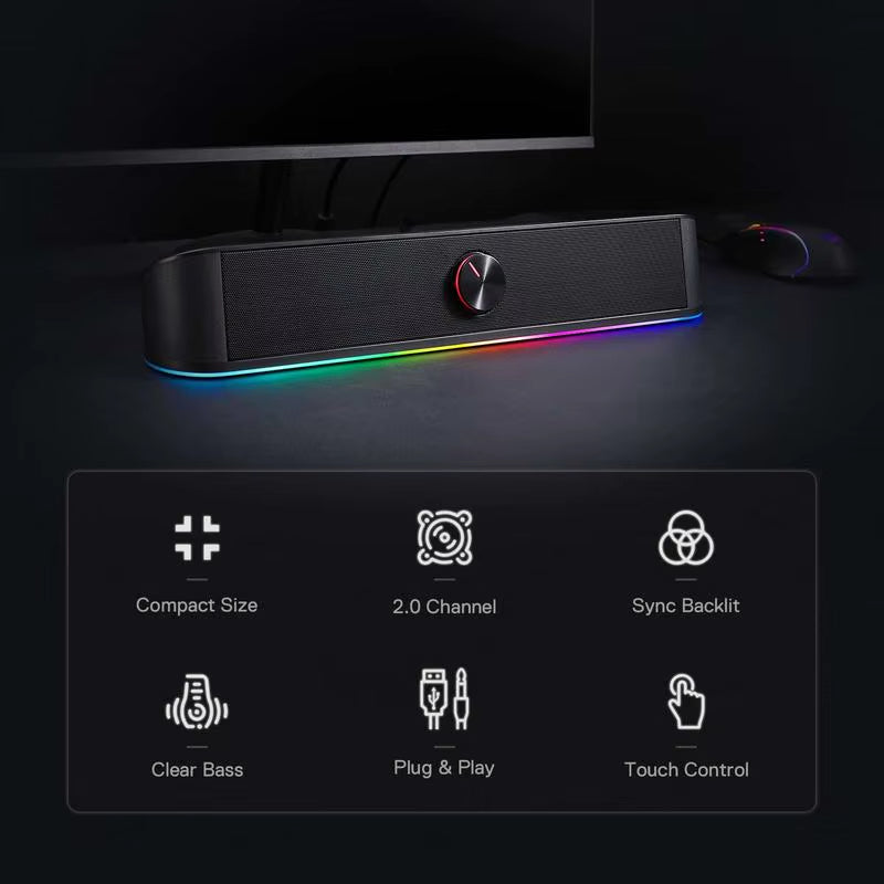 RGB USB Desktop Soundbar - 2.0 Channel Computer Speaker with Dynamic Audio-Light Sync