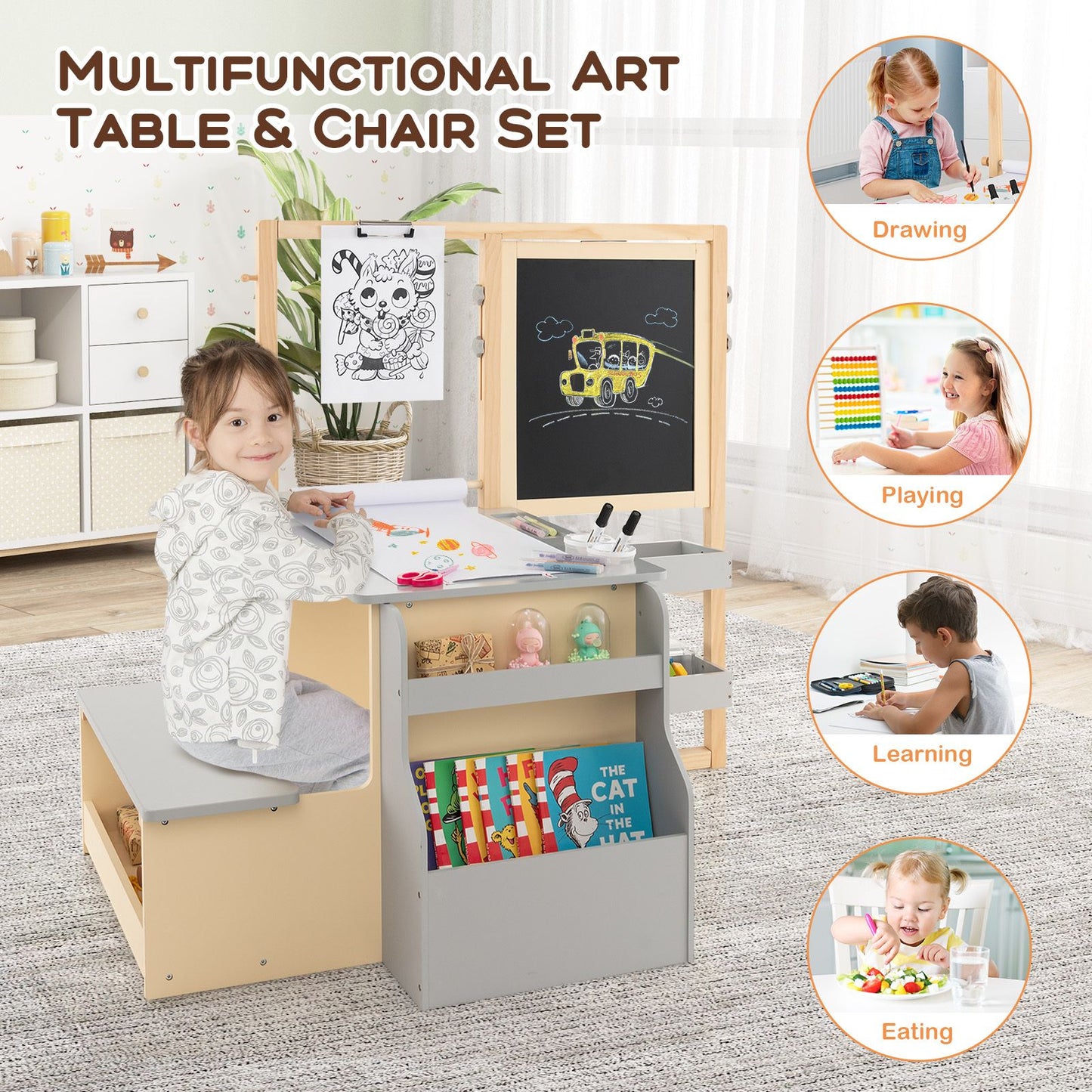 Delightful Children's Art Easel Table and Bench Set with Adjustable Easel and Integrated Bookshelf for Creative Play