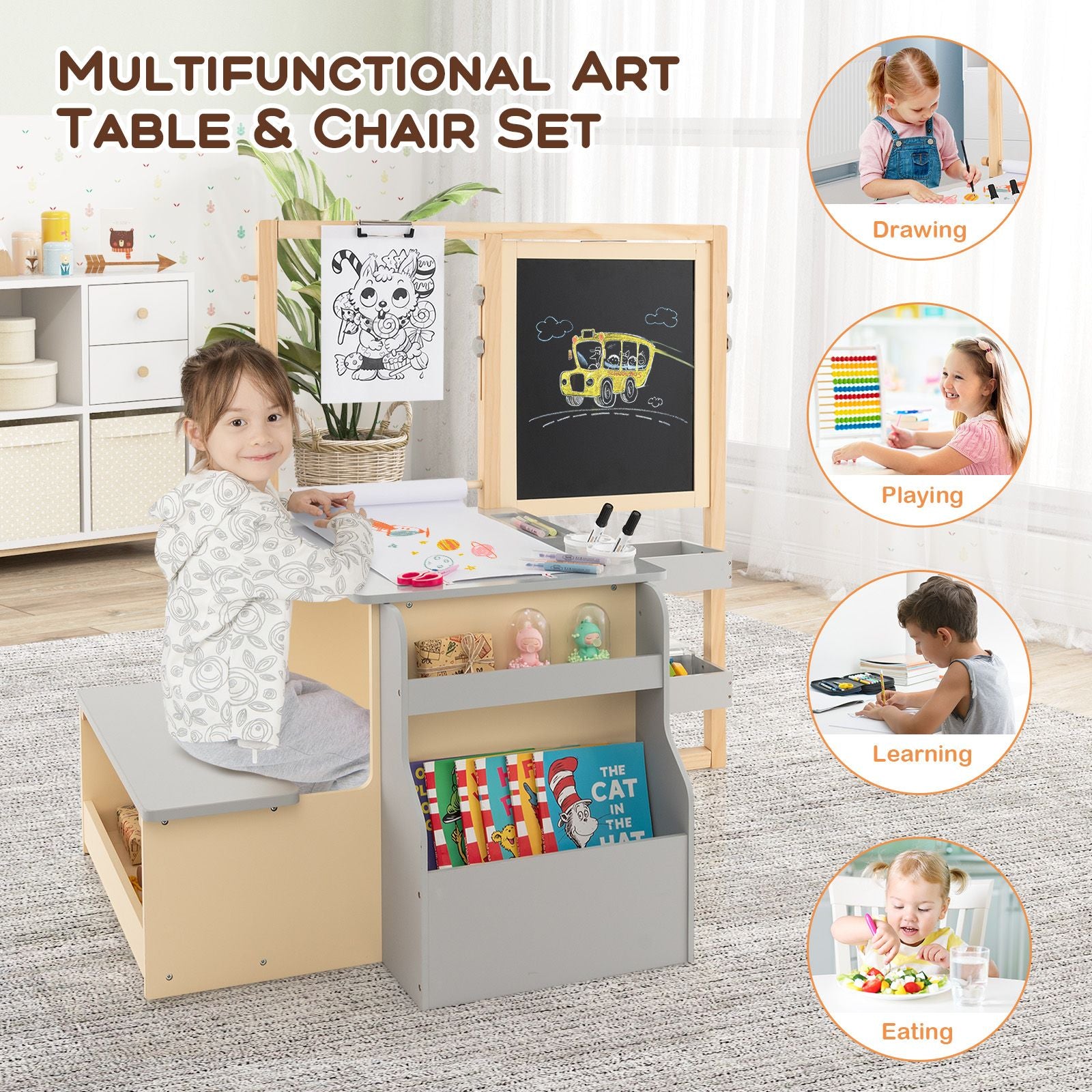 Delightful Children's Art Easel Table and Bench Set with Adjustable Easel and Integrated Bookshelf for Creative Play