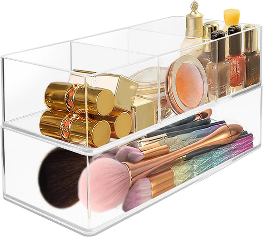 Set of 2 Acrylic Makeup Drawer Organizers with 3-Compartment and 1-Compartment Design, Stackable Clear Cosmetic Storage for Eyeshadow, Lipstick, and Other Makeup Essentials