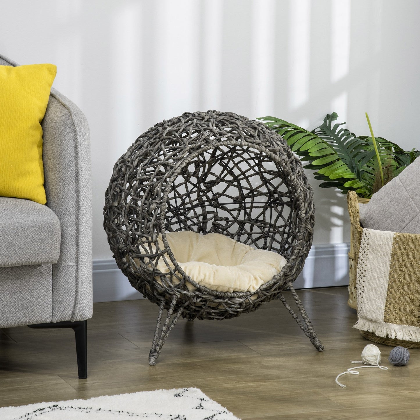 Pawhut Rattan Elevated Cat House Kitten Bed Pet Furniture W/ Cushion Grey