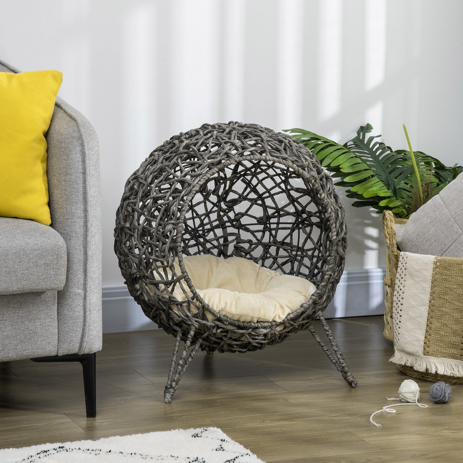 Pawhut Rattan Elevated Cat House Kitten Bed Pet Furniture W/ Cushion Grey