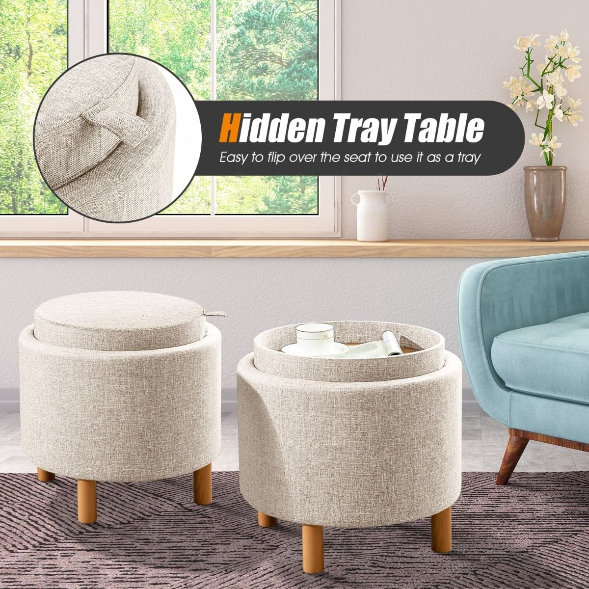 Contemporary Round Padded Ottoman with Concealed Storage Compartment