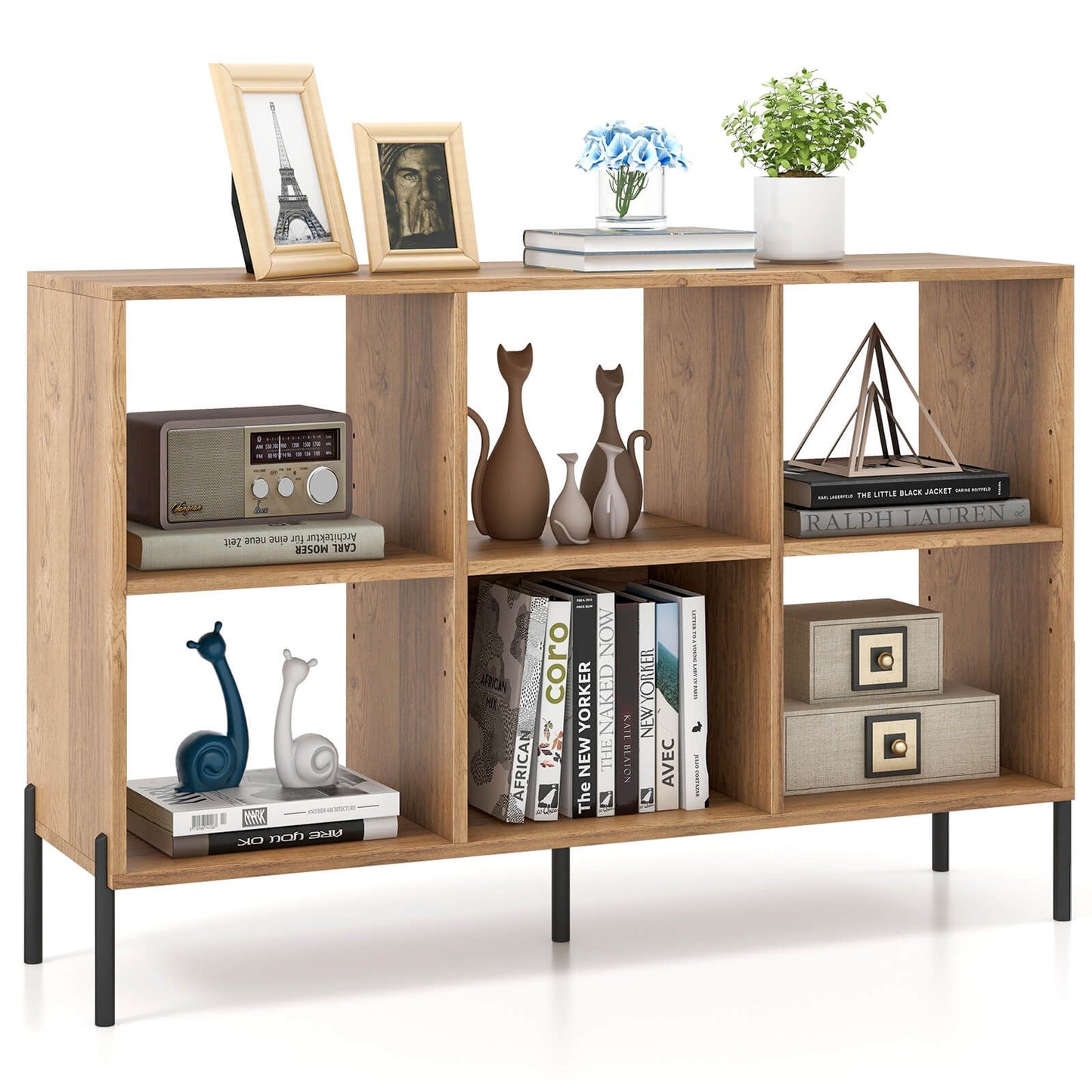 6-Cube Storage Bookcase Wooden Open Bookshelf with 5 Metal Legs