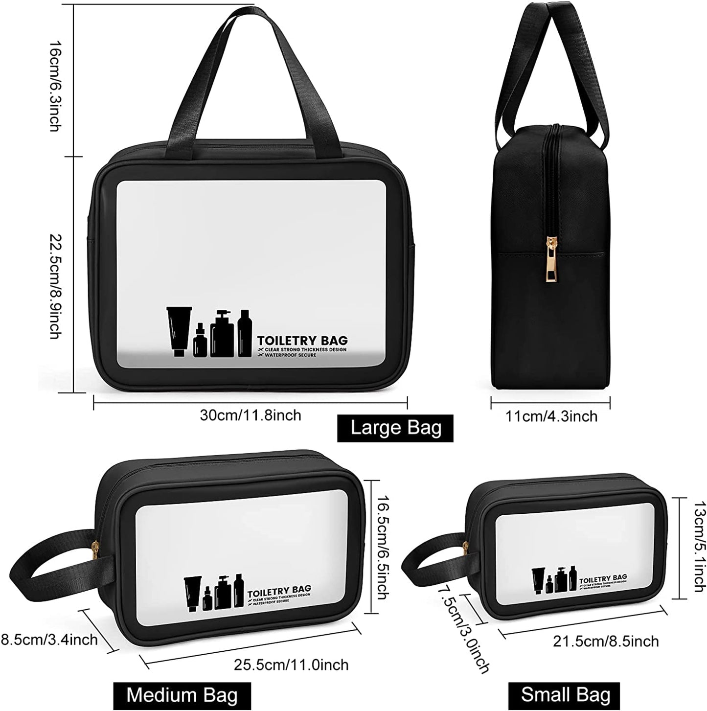 Stylish 3-Piece Waterproof Clear Travel Toiletry Bag Set - Durable PVC Makeup Bags with Zipper for Men and Women (Black)