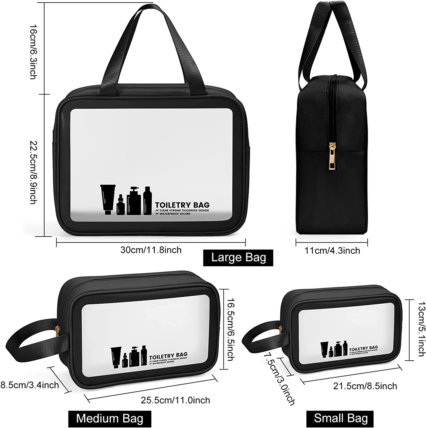 Stylish 3-Piece Waterproof Clear Travel Toiletry Bag Set - Durable PVC Makeup Bags with Zipper for Men and Women (Black)