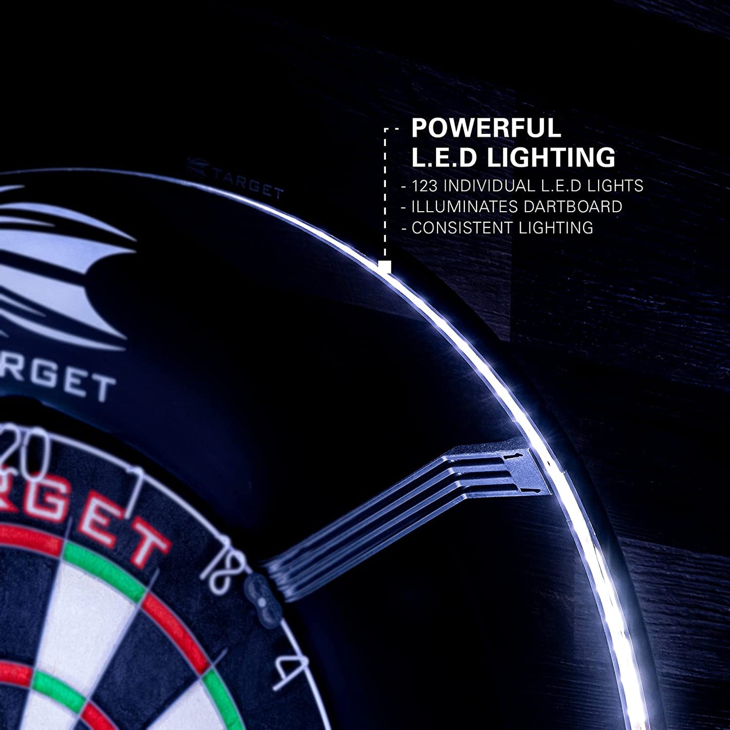 Corona Vision Lighting System for Dartboards with Black Frame and White LED Surround Ring, Compatible with Pro Tour and Championship Dartboards, and Oche Dart Mat