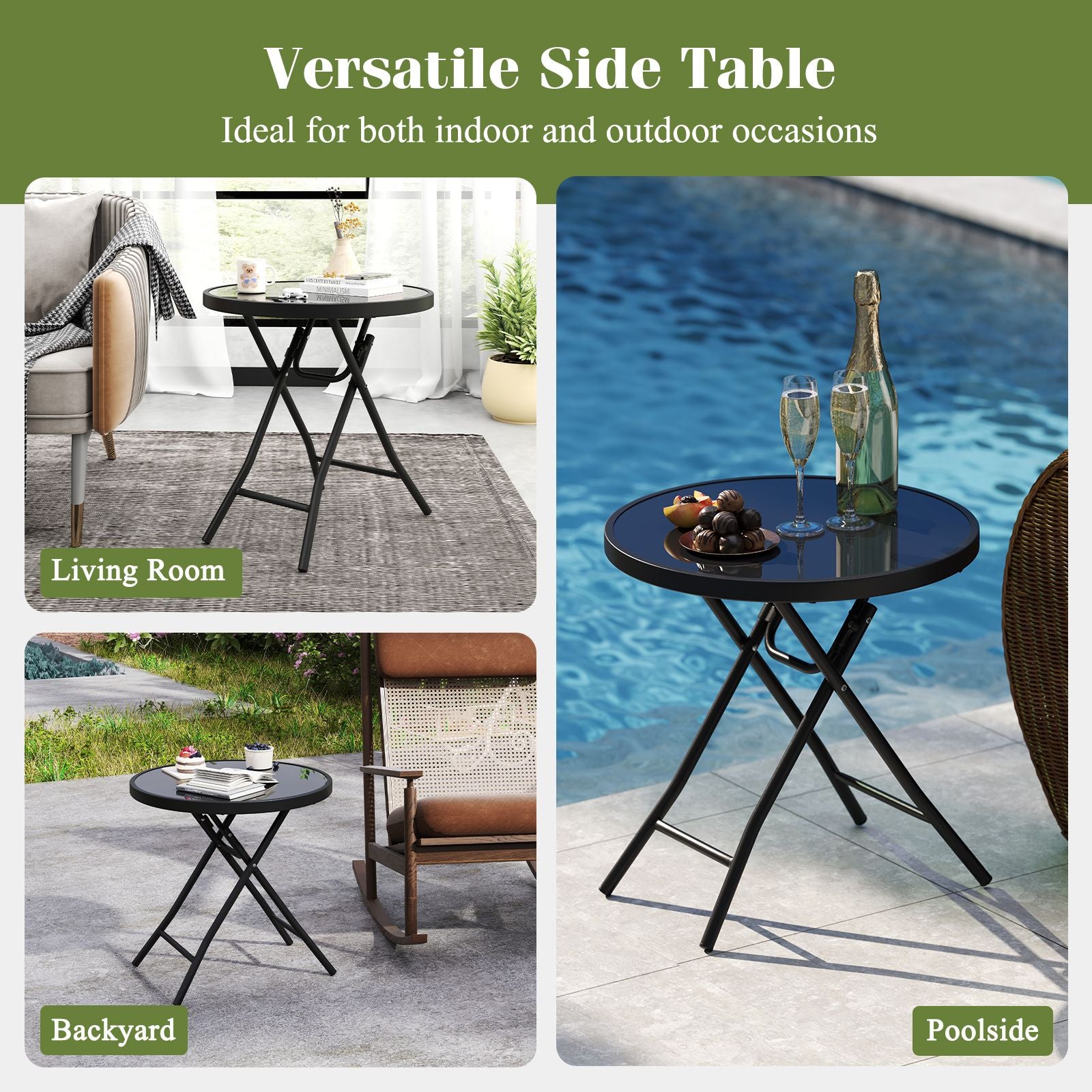 Round Folding Patio Coffee Table with Tempered Glass Top
