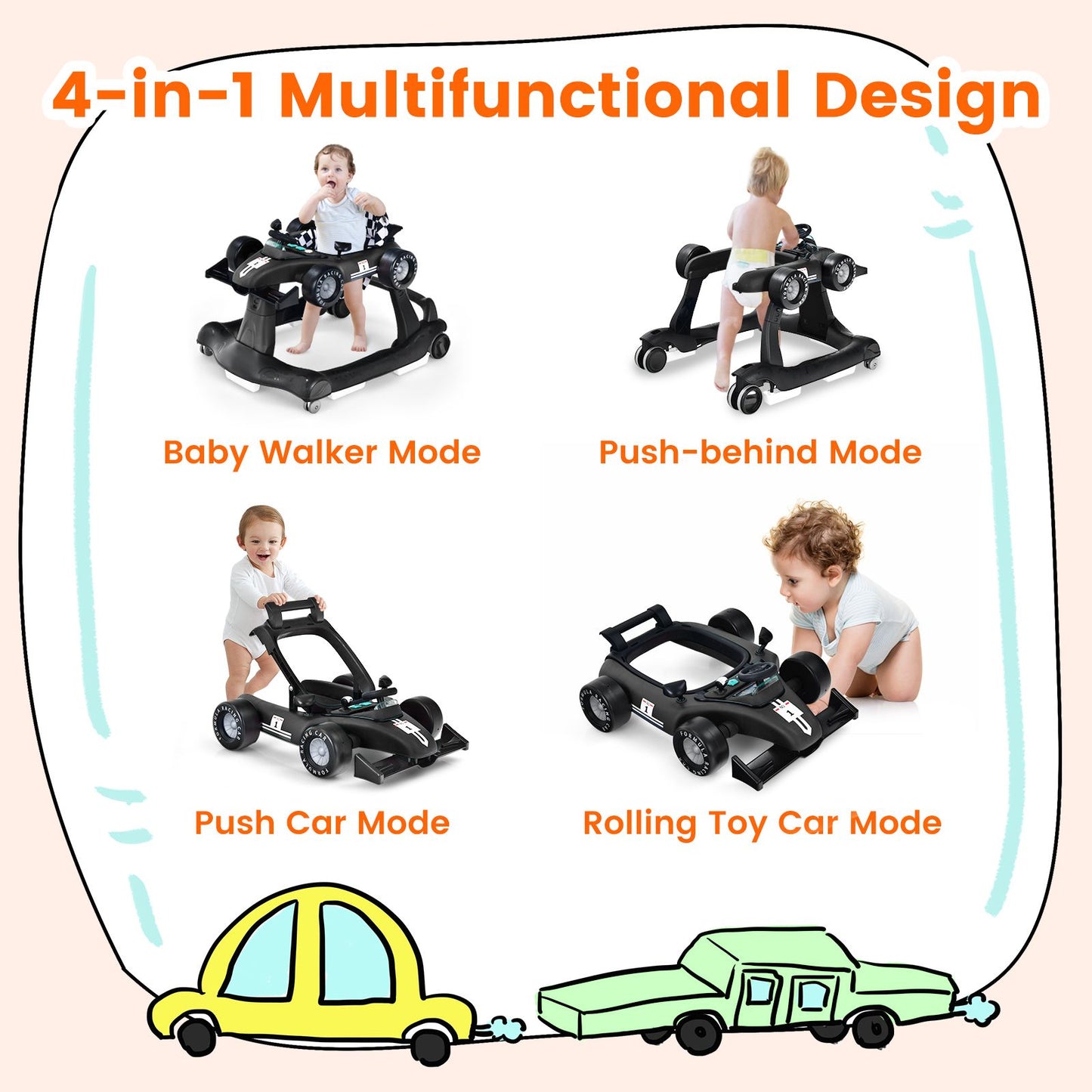 4-In-1 Baby Push Walker with Adjustable Height and Speed