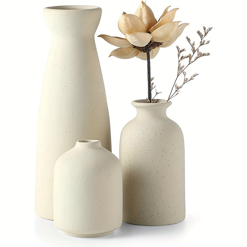 3pcs Bohemian Ceramic Vase Set - Matte Finish, Geometric & Floral Designs