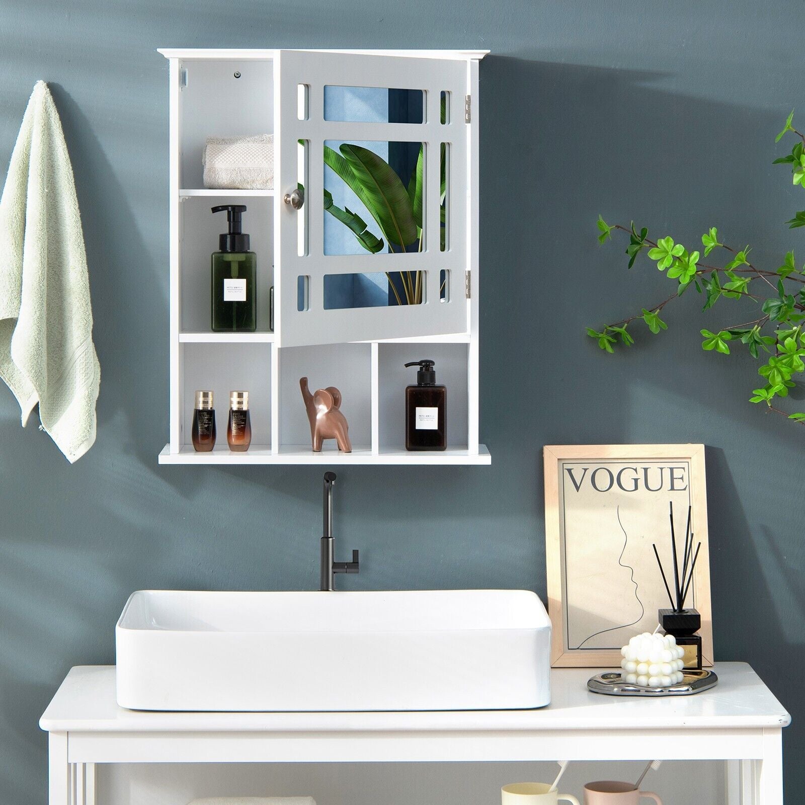Mirror Door Bathroom Cabinet with Adjustable Shelf and 3 Compartments
