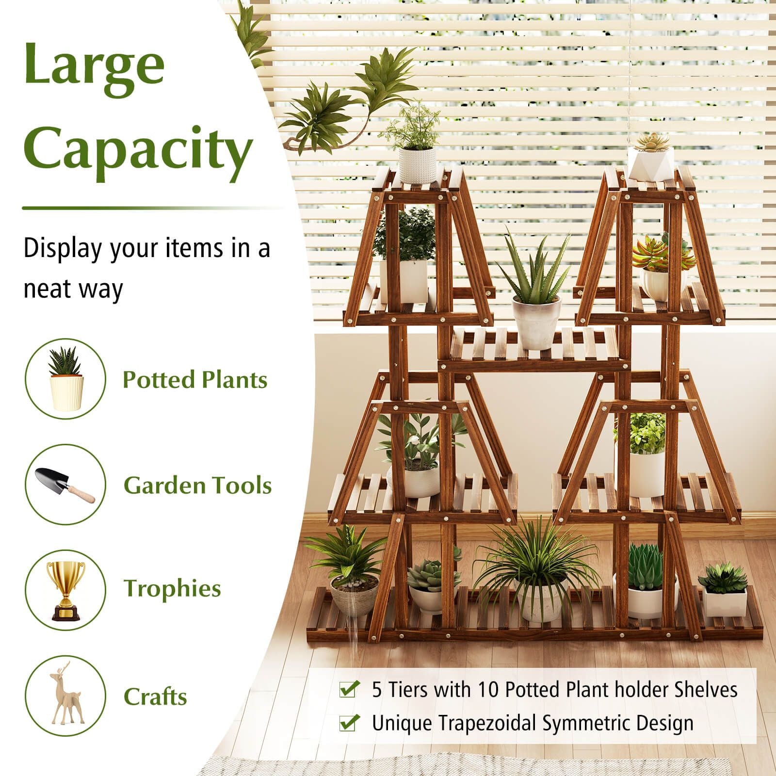 114 cm Tall Wooden Plant Stand - 5-Tier Rack for 10 Potted Plants
