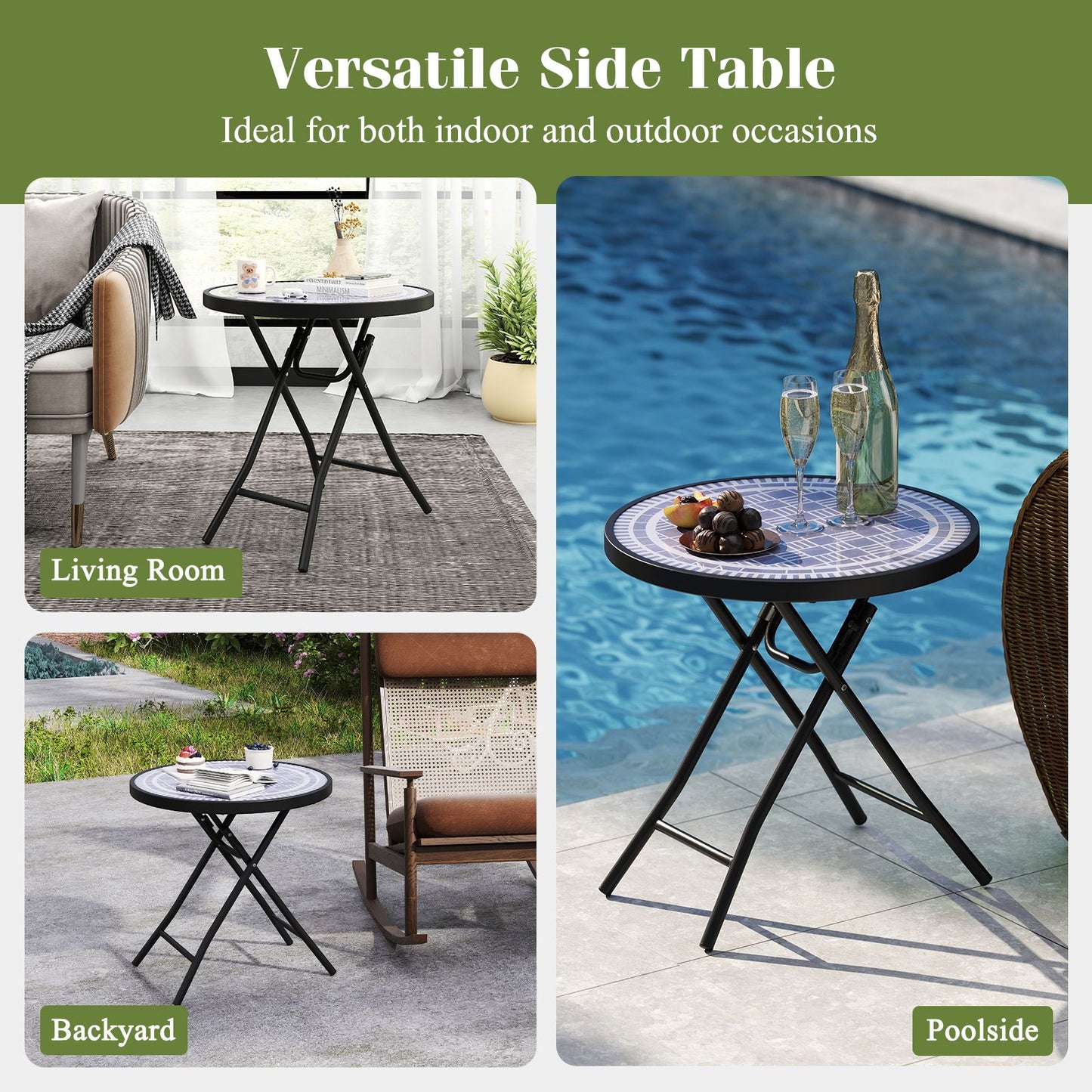 Round Folding Patio Coffee Table with Tempered Glass Top
