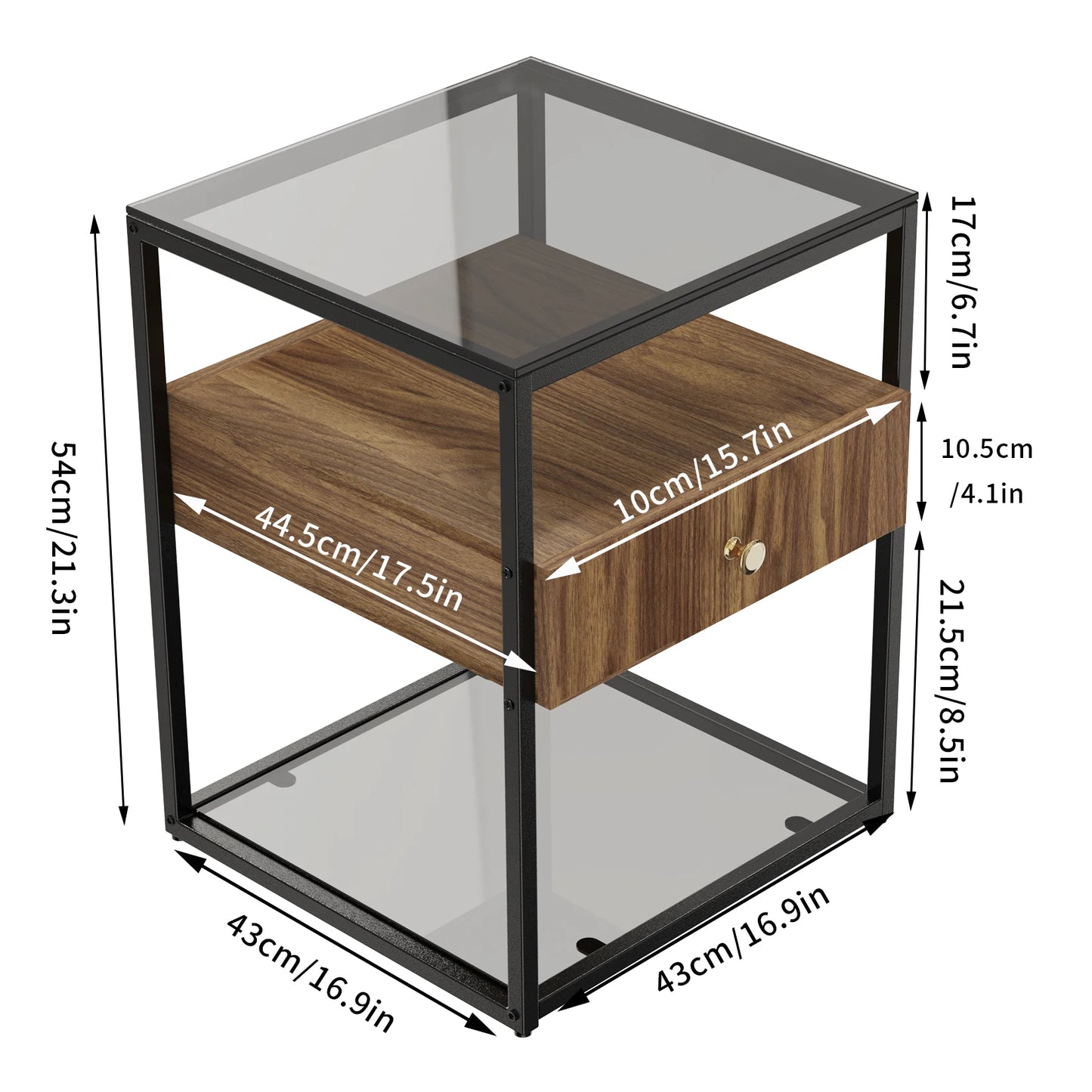 Tempered Glass Side Table with Drawer and Shelf.