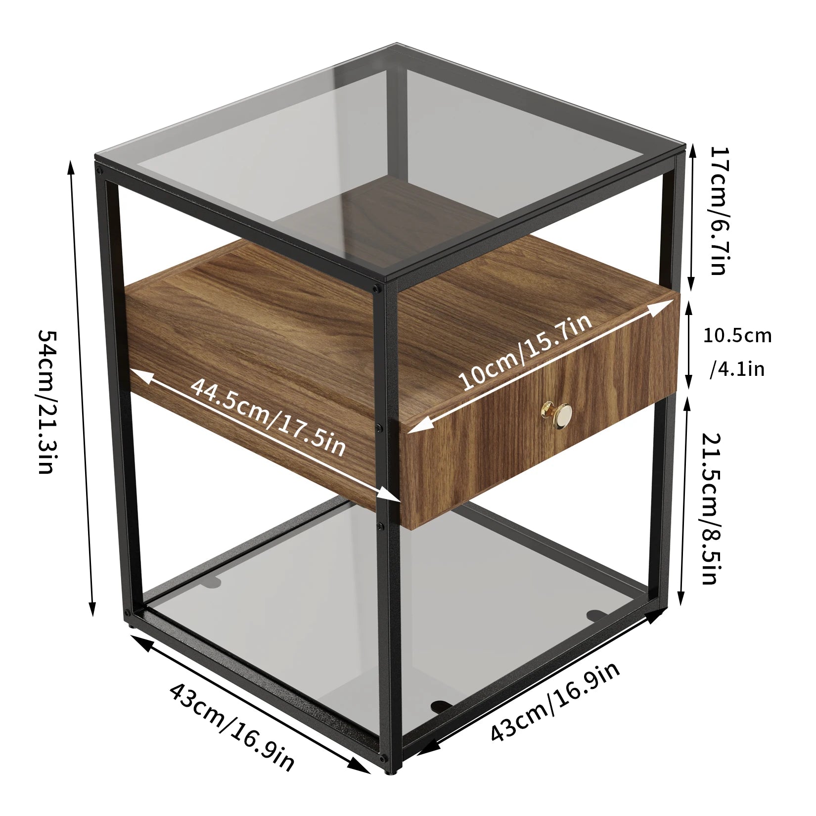Tempered Glass Side Table with Drawer and Shelf.