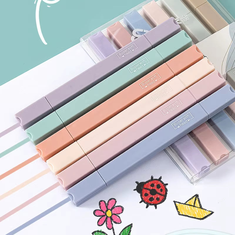 Kawaii Double Head Highlighter Set - 6 Fast-Dry Candy Color Markers for School & Stationery Fun!