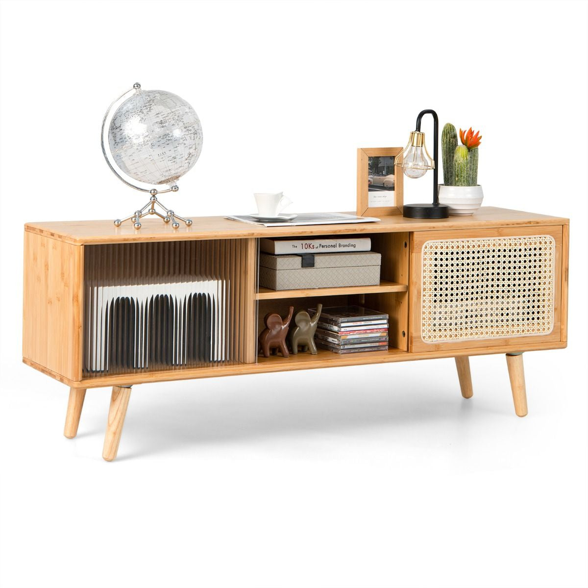 Bamboo Entertainment Center Featuring Rattan Accents and Tempered Glass Sliding Doors